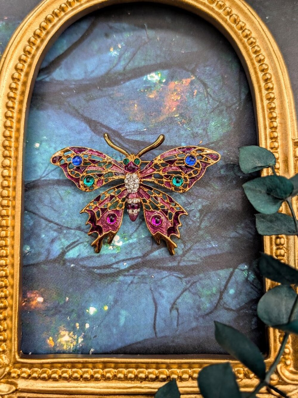 Vintage 2.75" Butterfly Brooch with Rhinestones, Enamel & Jelly Belly Cabochons